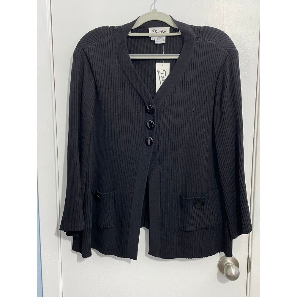 Toula Cardigan Sweater Size 6 Wool Blend Ribbed Knit Black Quiet Luxury NWT